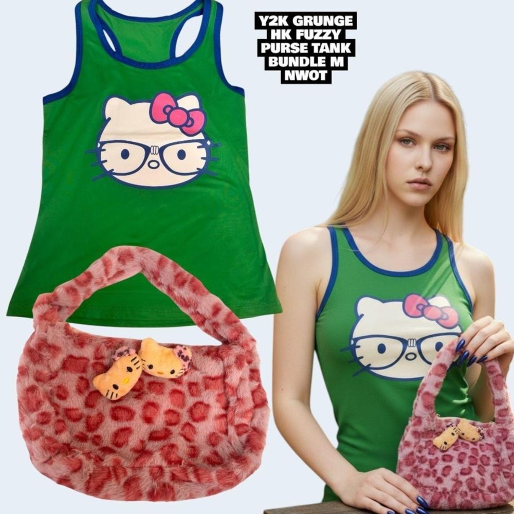 🎀 CYBER Y2K Hello Kitty Tank & Fuzzy Leopard Bag Bundle 🐾